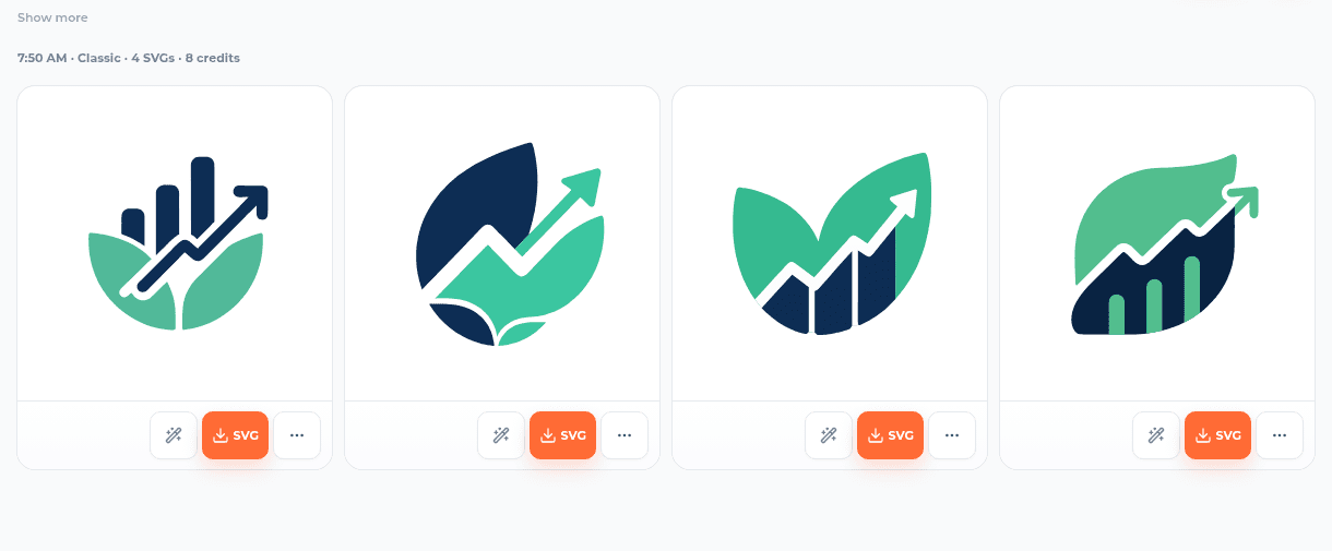 SVG AI dashboard showing four generated FlowMint logo variations from an AI SVG generator prompt