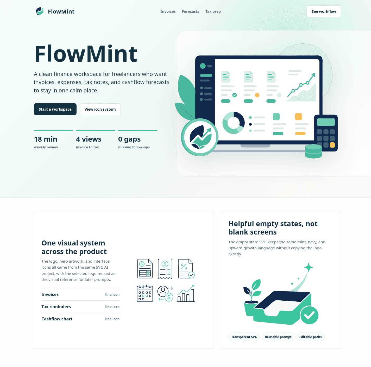 Completed FlowMint SaaS landing page mockup using SVG AI generated logo, hero illustration, icon set, and empty state