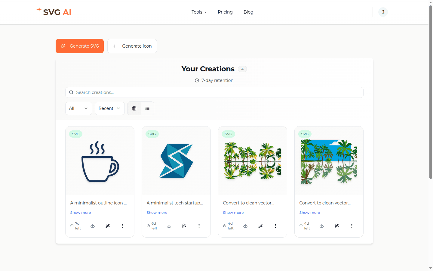 SVG AI saved-design dashboard