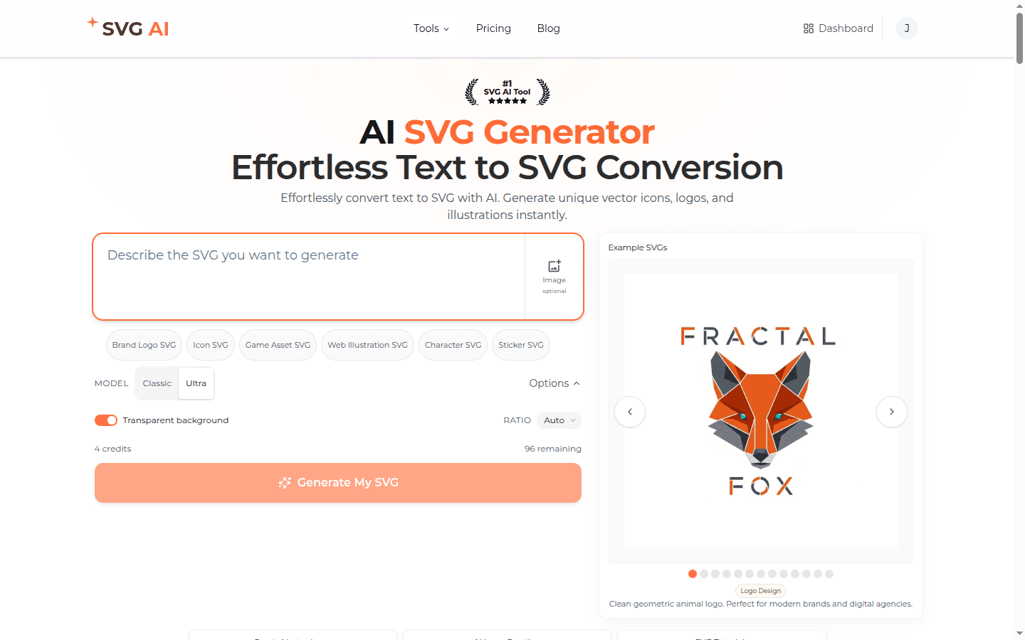 SVG AI homepage prompt input with the Options panel expanded, transparent background toggle on, Ratio set to Auto, and Classic and Ultra model controls visible