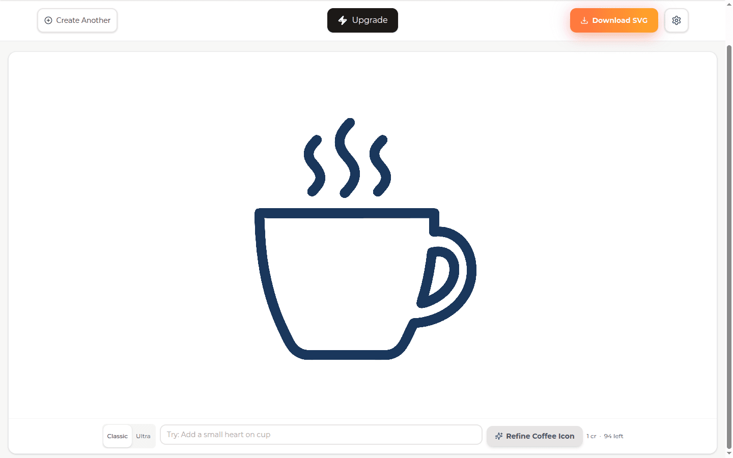 SVG AI result page with a generated coffee icon, Download SVG control, and AI Edit prompt input