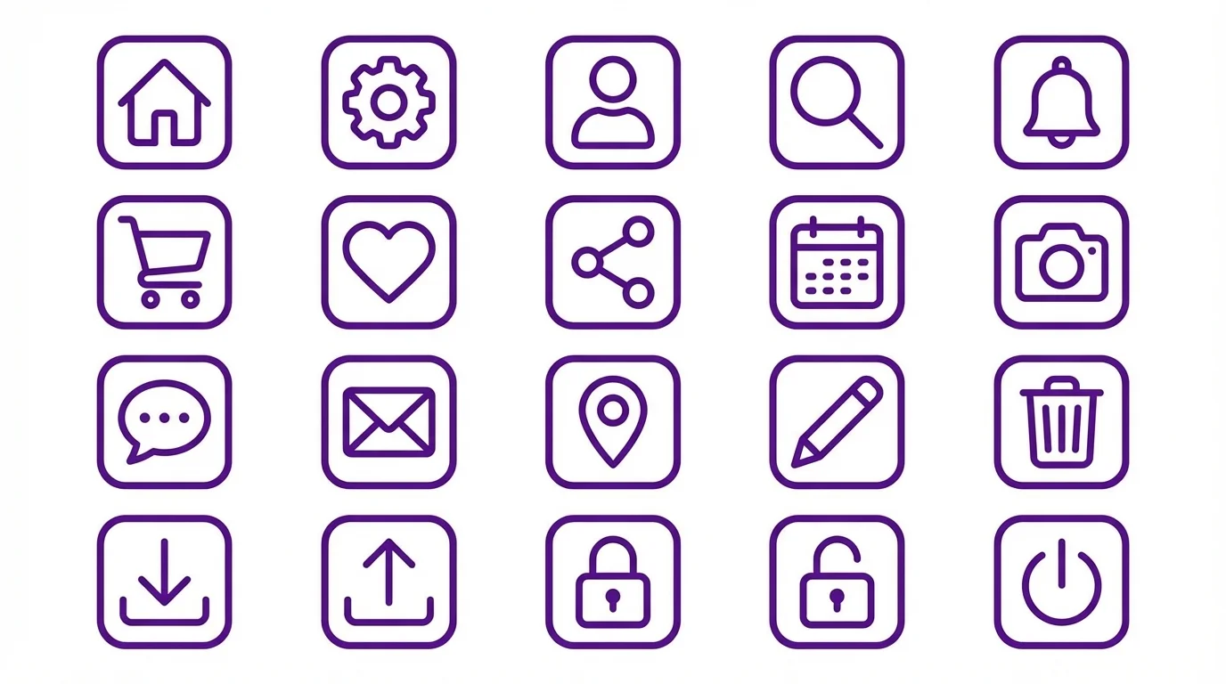 Grid of 20 cohesive AI-generated app icons with consistent purple outline style, 2px stroke, and rounded corners