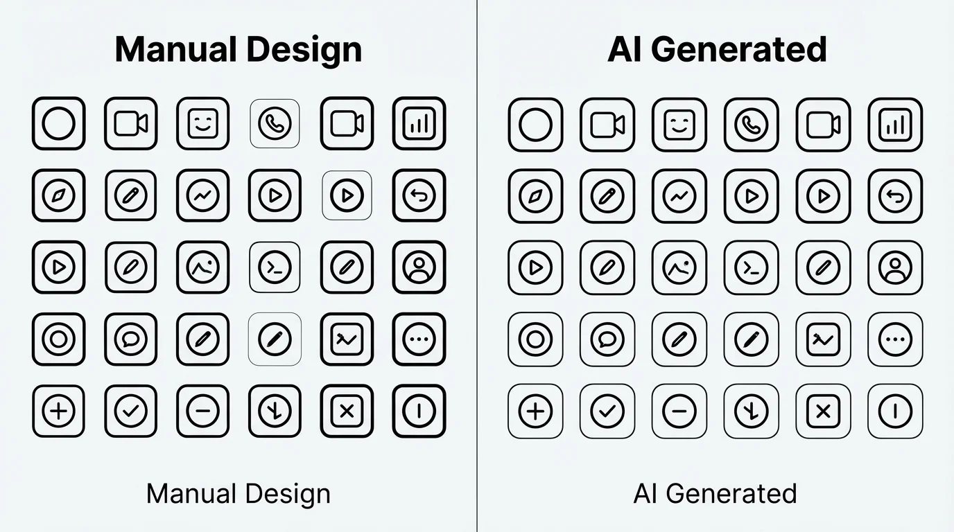 Inconsistent vs consistent icon set comparison - manual design shows varying line weights and styles while AI-generated icons maintain perfect consistency