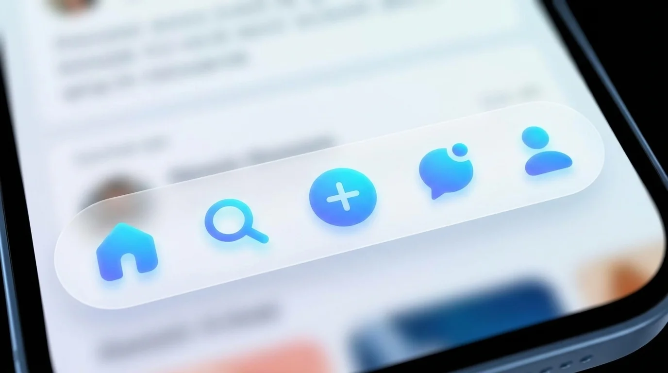 Mobile app navigation bar with 5 consistent icons - Home, Search, Add, Messages, and Profile