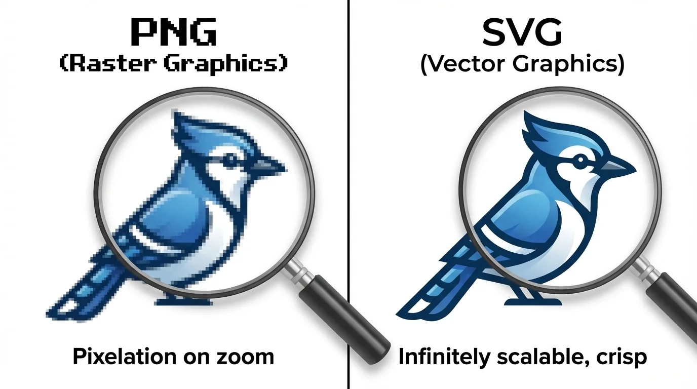 SVG vs PNG scaling comparison - PNG appears pixelated when zoomed while SVG remains crisp and sharp