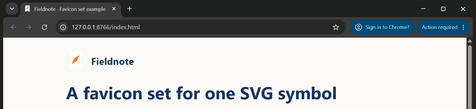 In Chrome dark mode, the adaptive icon inside a light page turns white, leaving only the orange needle visible.