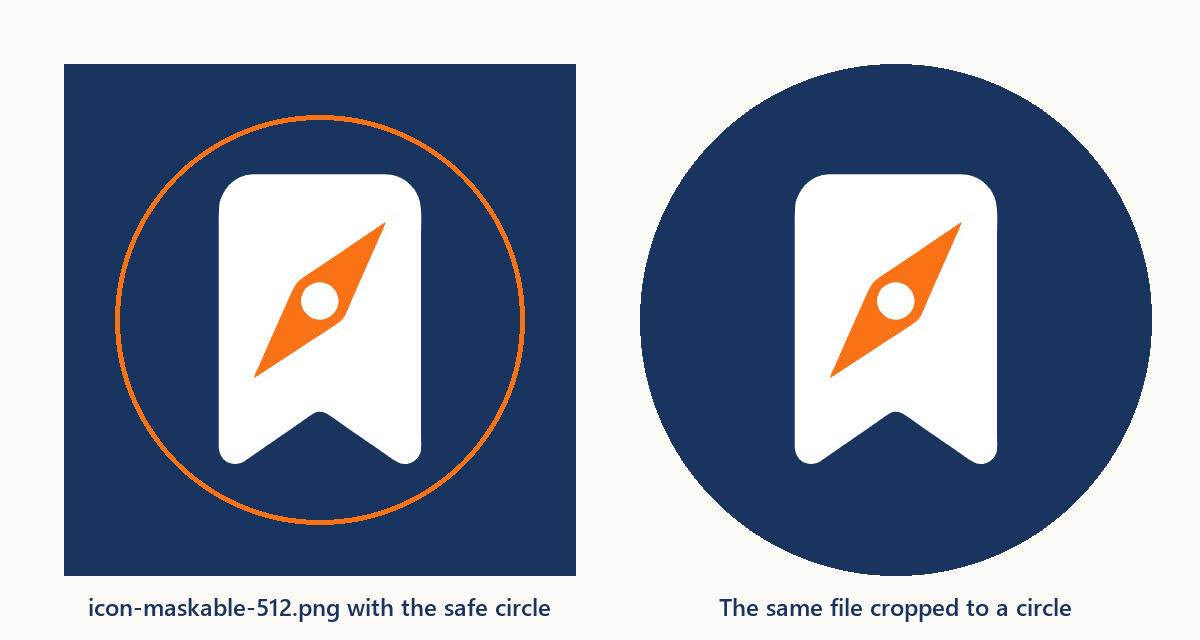 The maskable icon with its 40% safe circle outlined, and the same file cropped to a circle.