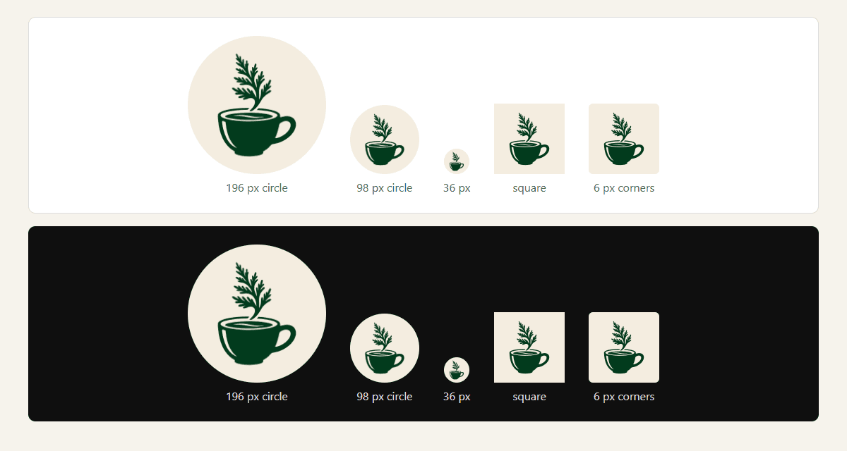 The Cedar Cup avatar as circles at 196, 98 and 36 px, a square and a rounded square, on a white and a near-black background.