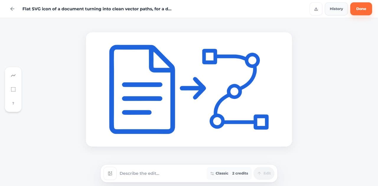 SVG AI editor with mark tools, brush, box, zoom controls, edit prompt, and SVG preview
