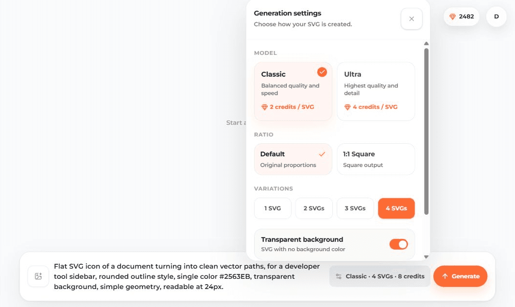 SVG AI generation settings showing Classic, Ultra, Default ratio, 1:1 Square, 4 SVGs, transparent background, and credit summary