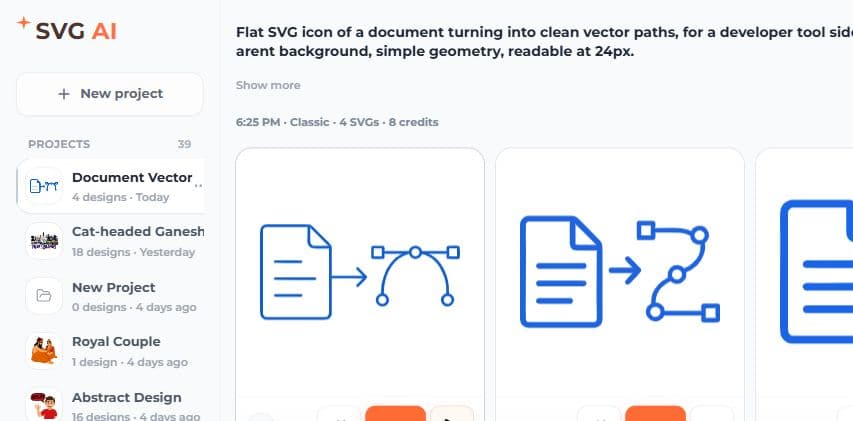 SVG AI result action menu showing Add to Prompt, Copy SVG Code, preview zoom, and grid controls