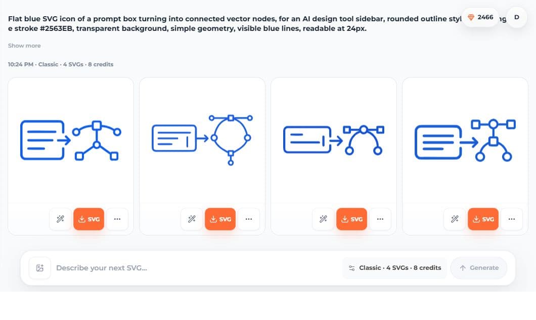 Four generated SVG AI variations for a prompt-box-to-vector-nodes icon prompt