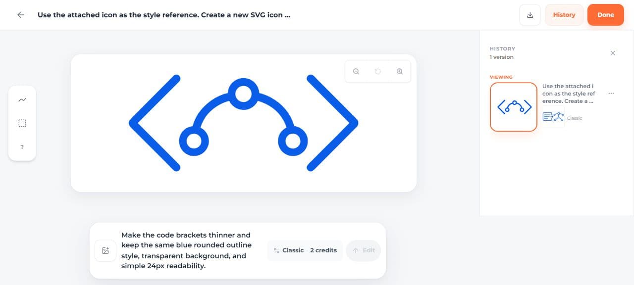 SVG AI editor with mark tools, zoom controls, edit prompt, history panel, and SVG preview