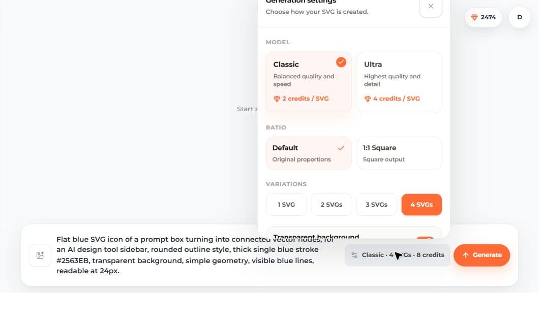 SVG AI generation settings showing Classic, Ultra, Default ratio, 1:1 Square, 4 SVGs, transparent background, and credit summary