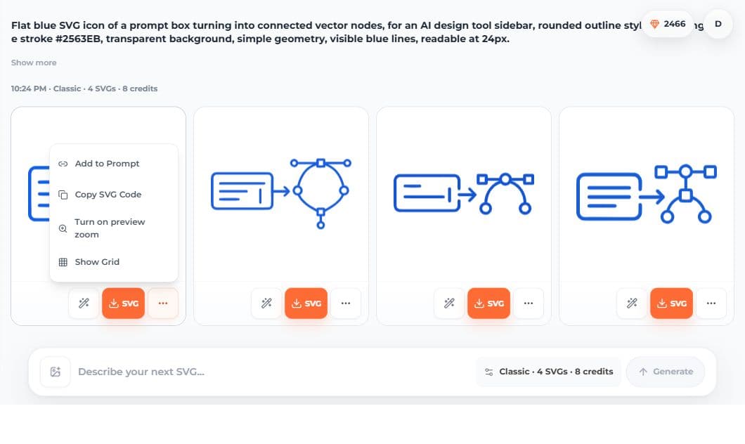 SVG AI result action menu showing Add to Prompt, Copy SVG Code, preview zoom, and grid controls