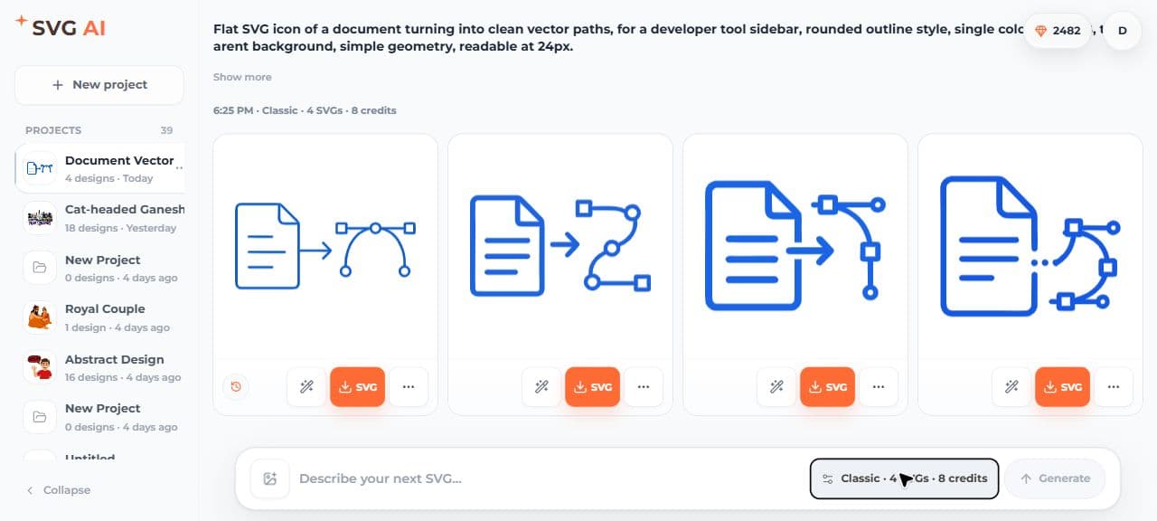 Four generated SVG AI variations for a document-to-vector icon prompt