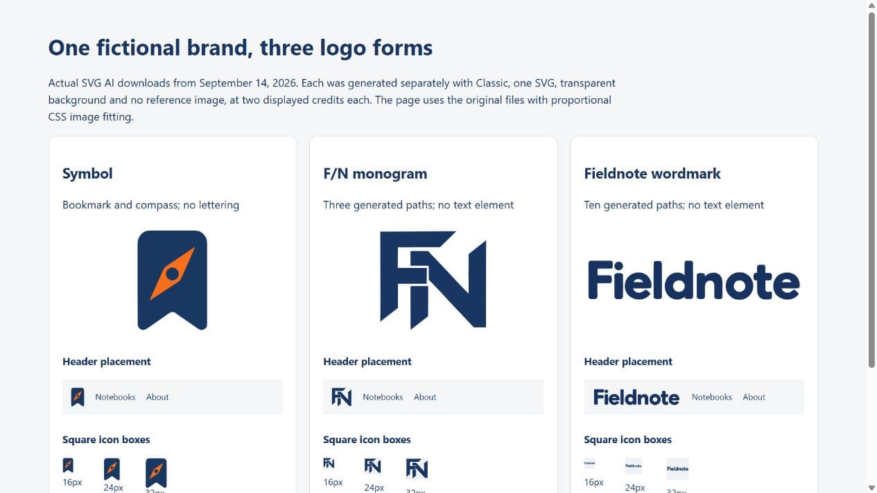 Three actual Fieldnote logo forms in headers and small icon boxes
