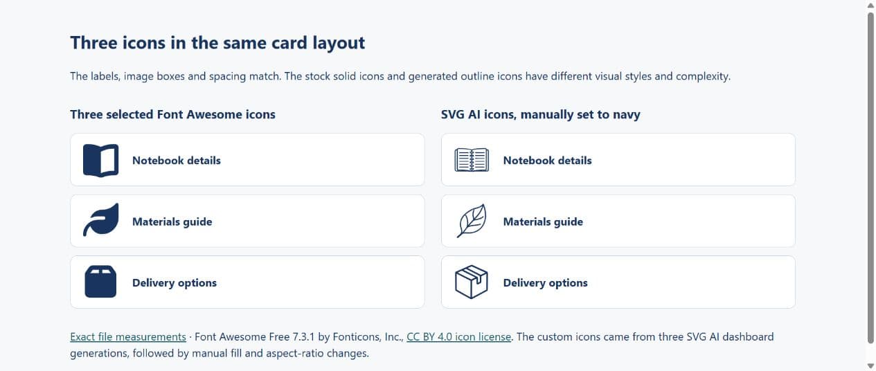 Three selected Font Awesome icons and three generated icons in matching card layouts