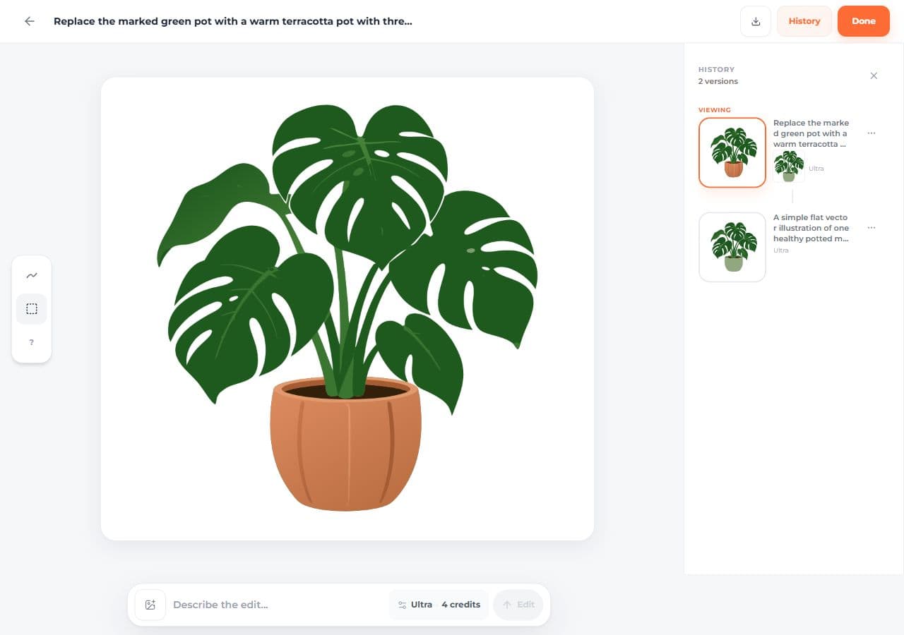 The terracotta-pot revision in SVG AI, with its green-pot original still available in edit history.