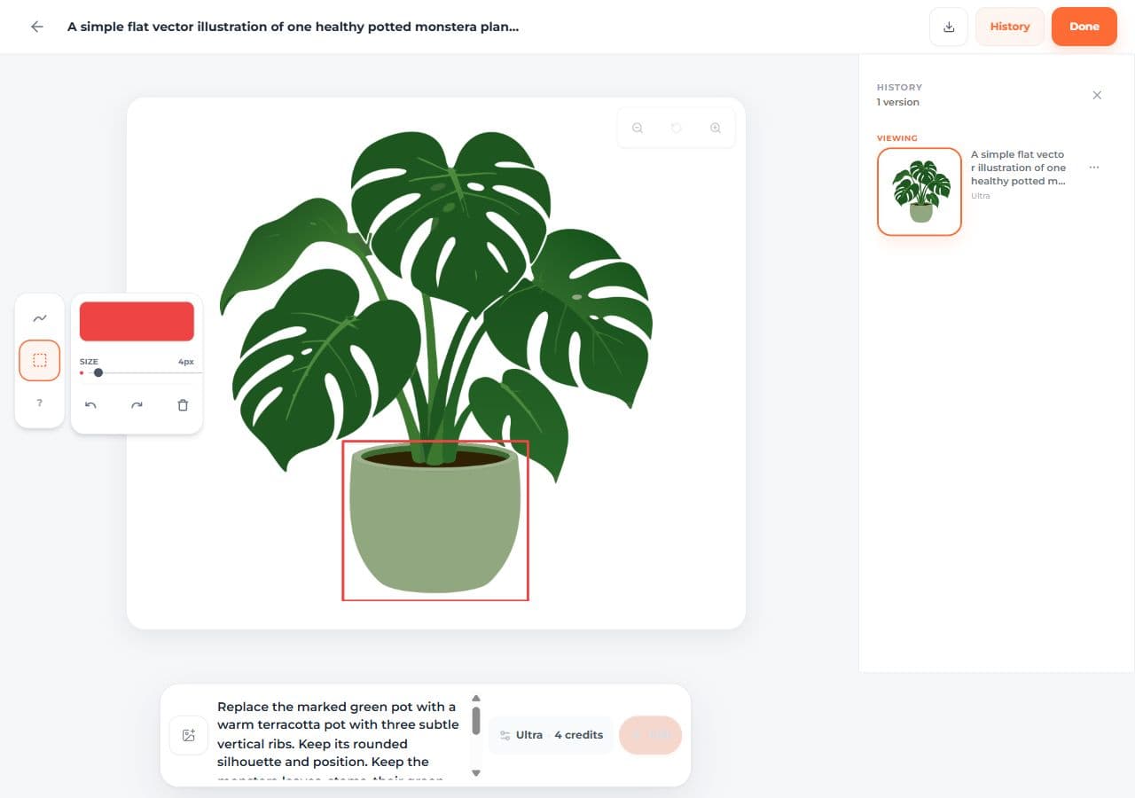 The actual SVG AI editor with a red rectangle around the plant pot and the edit request entered below.