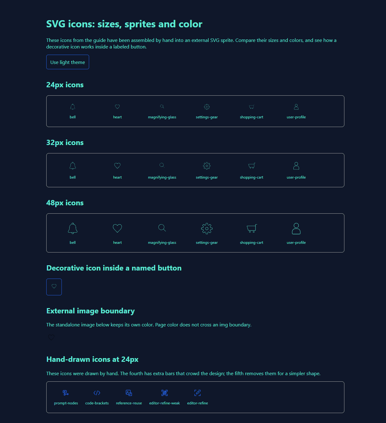 The same six SVG icons inheriting a light color on a dark background
