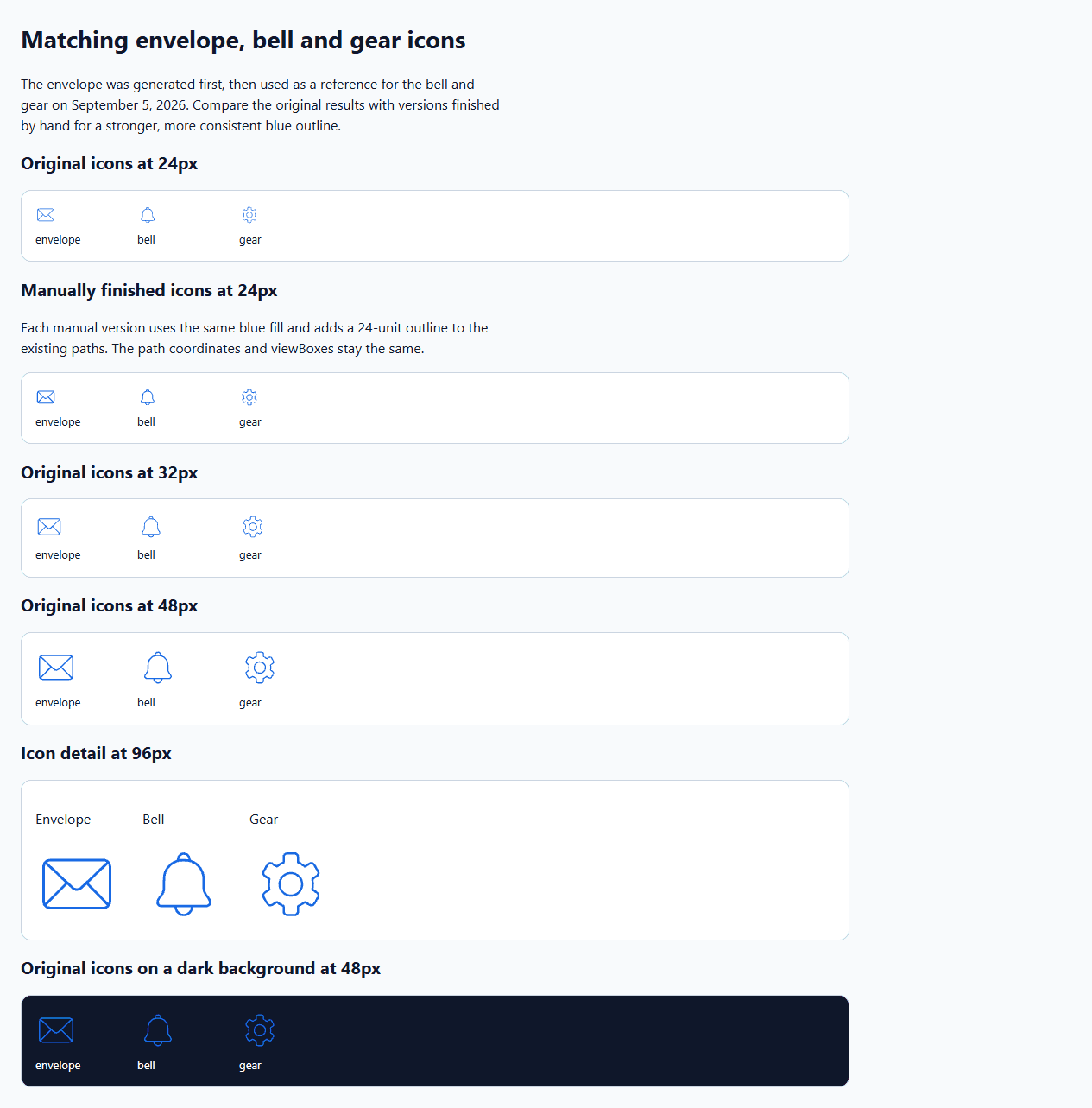 Generated icons and manually finished versions compared at small sizes