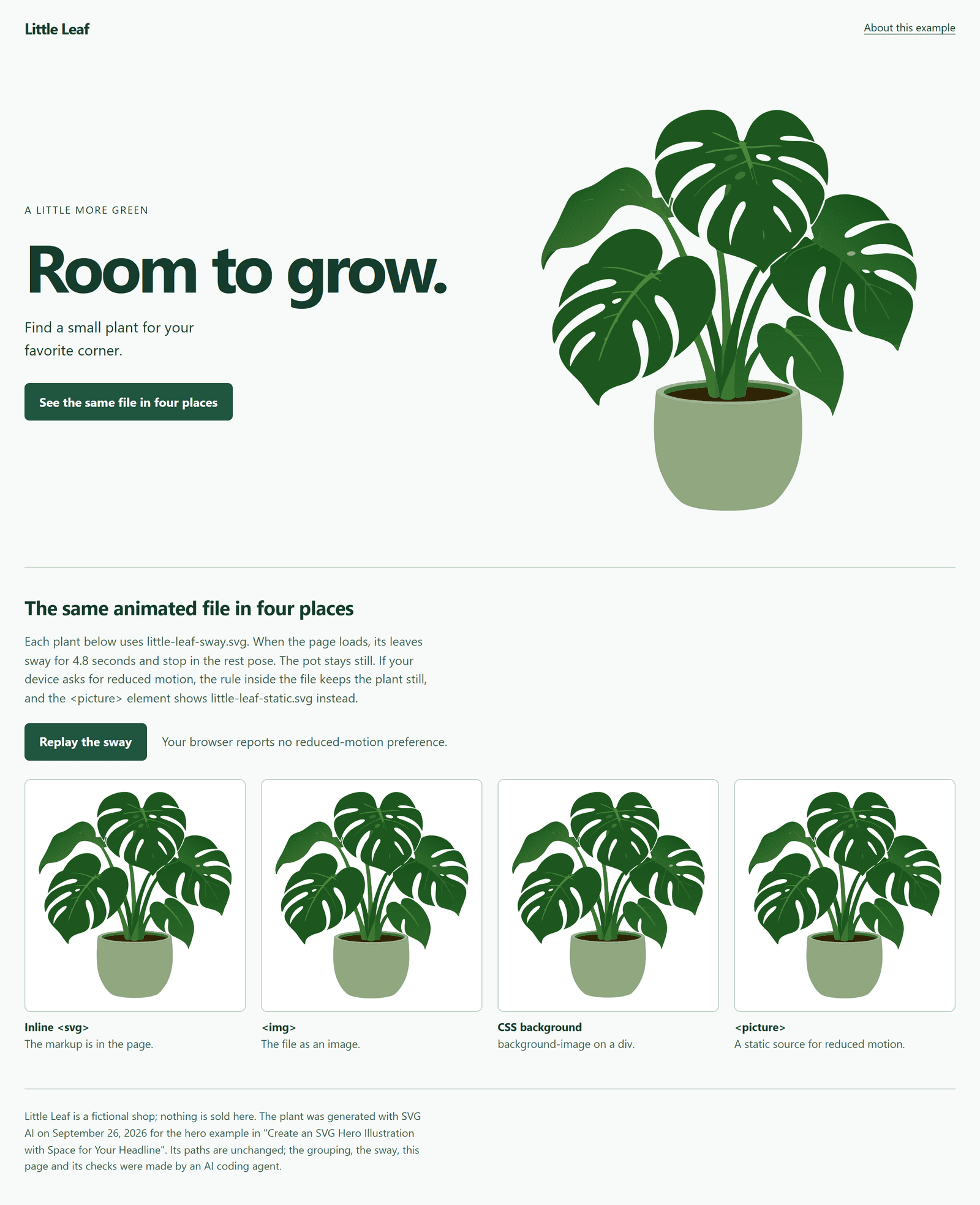 The example page for Little Leaf, a fictional plant shop: the headline Room to grow beside the potted monstera, and below it the same animated file shown inline, as an image, as a CSS background and in a picture element.
