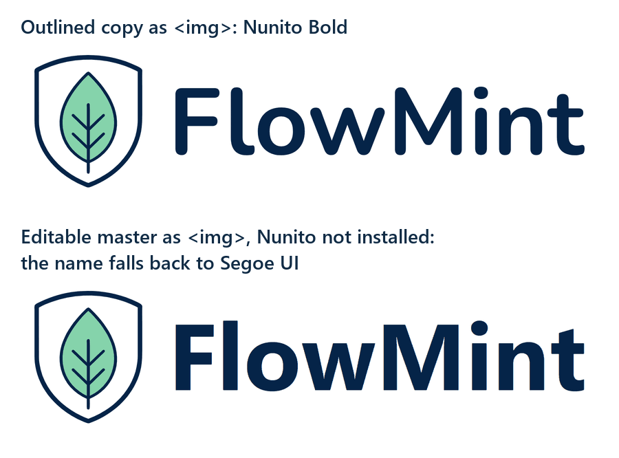 The horizontal lockup twice: the outlined copy with the name in Nunito Bold, and the editable master shown as an image without Nunito installed, with the name in Segoe UI.
