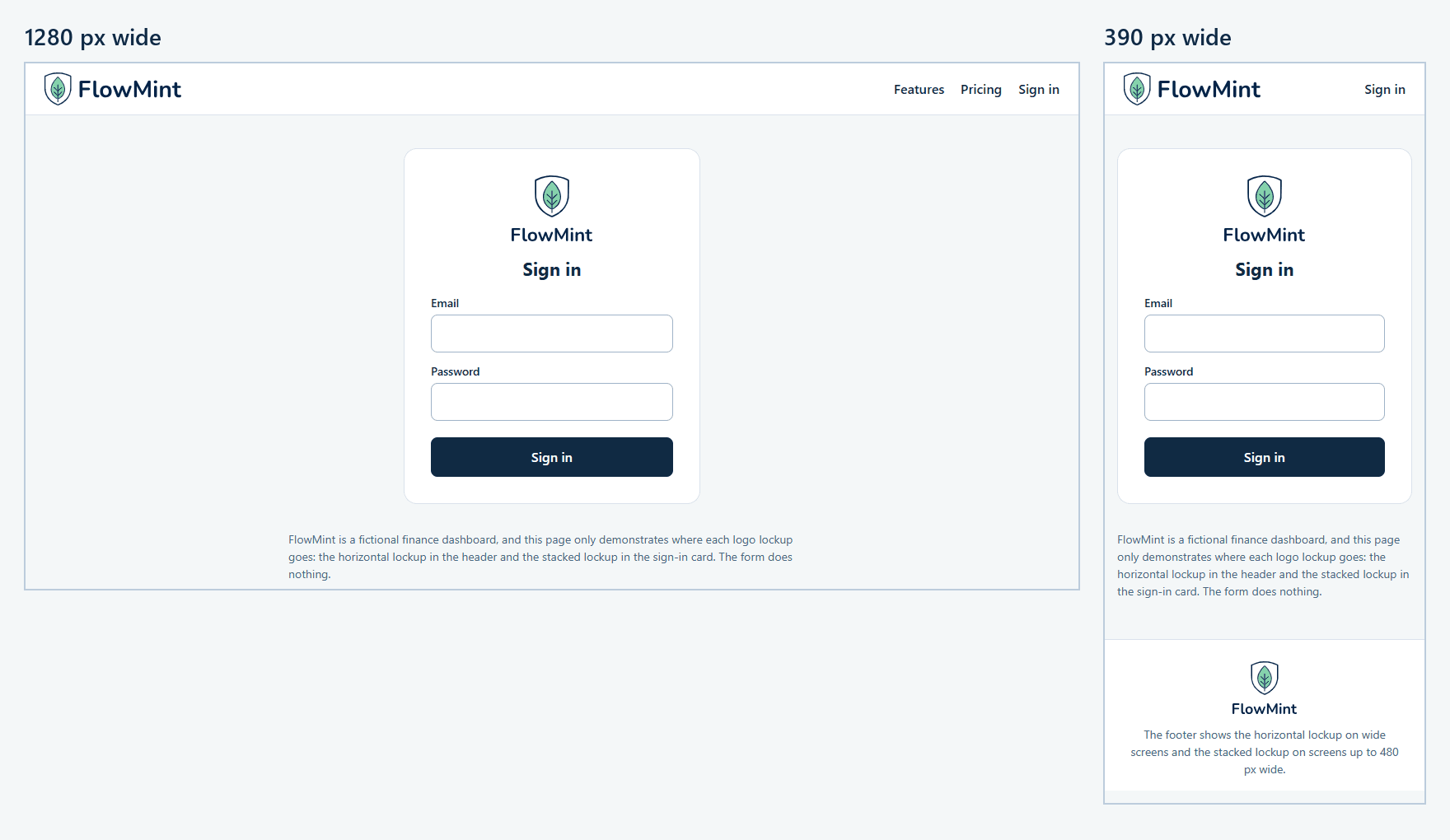 The example page at 1280 px and at 390 px wide: the horizontal lockup in the header and the stacked lockup in the sign-in card at both widths.