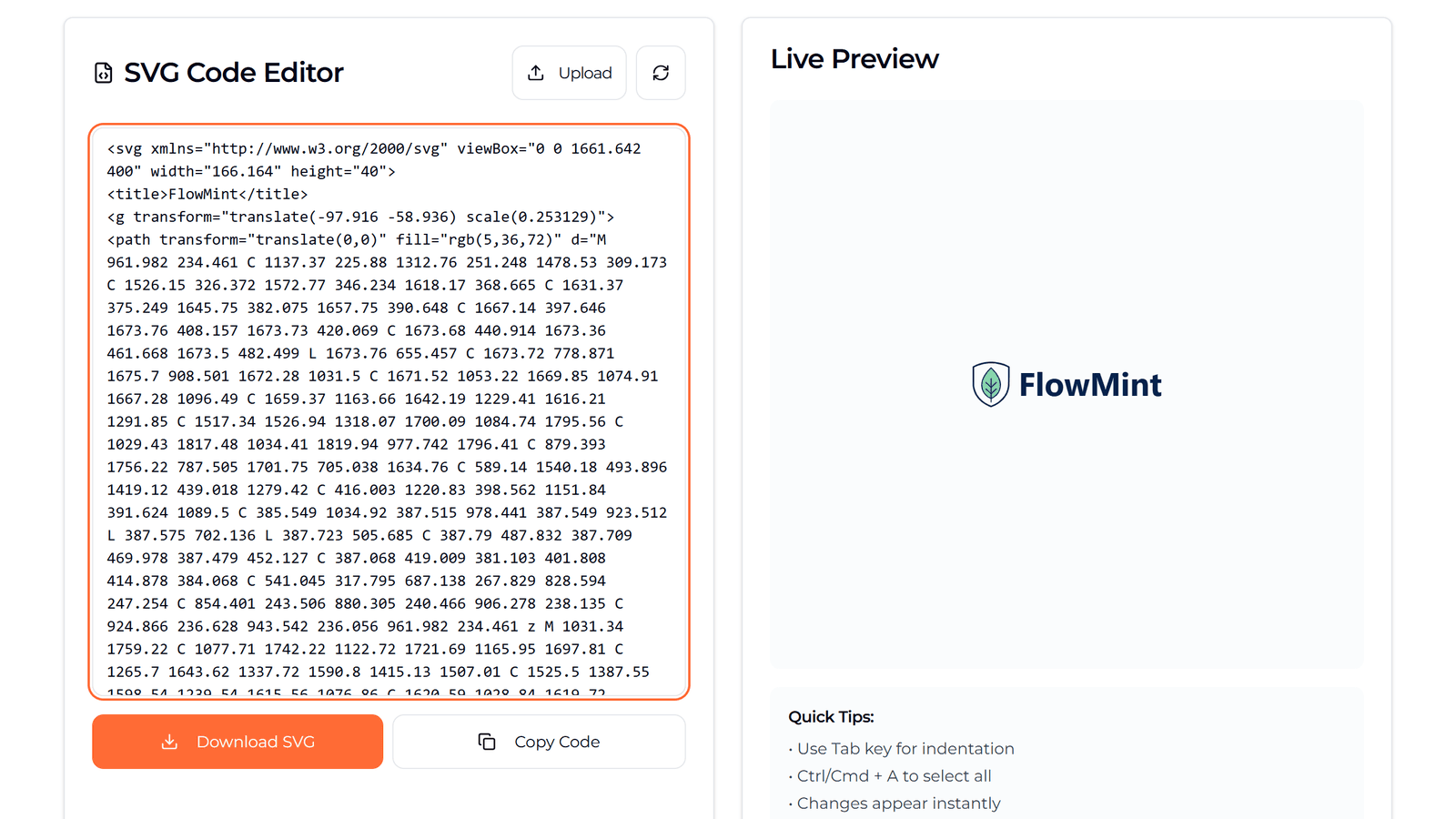 SVG AI's SVG Code Editor with the horizontal lockup's code: the new root tag, the title and the group that scales and moves the symbol, and a preview of the lockup.