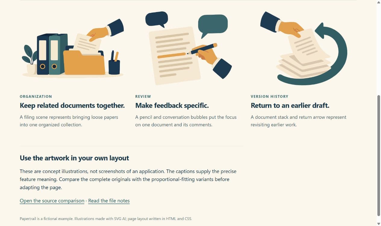 Three related document illustrations above their feature headings: organization, review and version history.