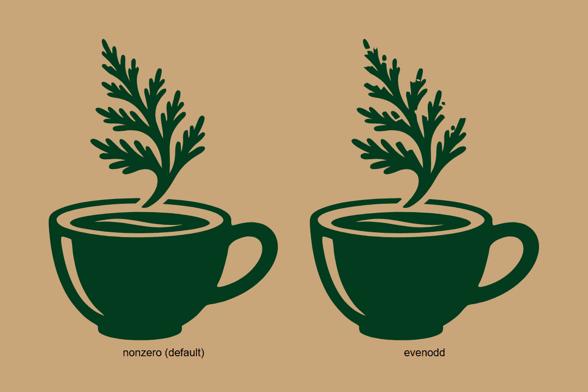 The joined mark with the default nonzero rule beside the same path with evenodd, where the overlapping sprig tips become kraft-colored notches.