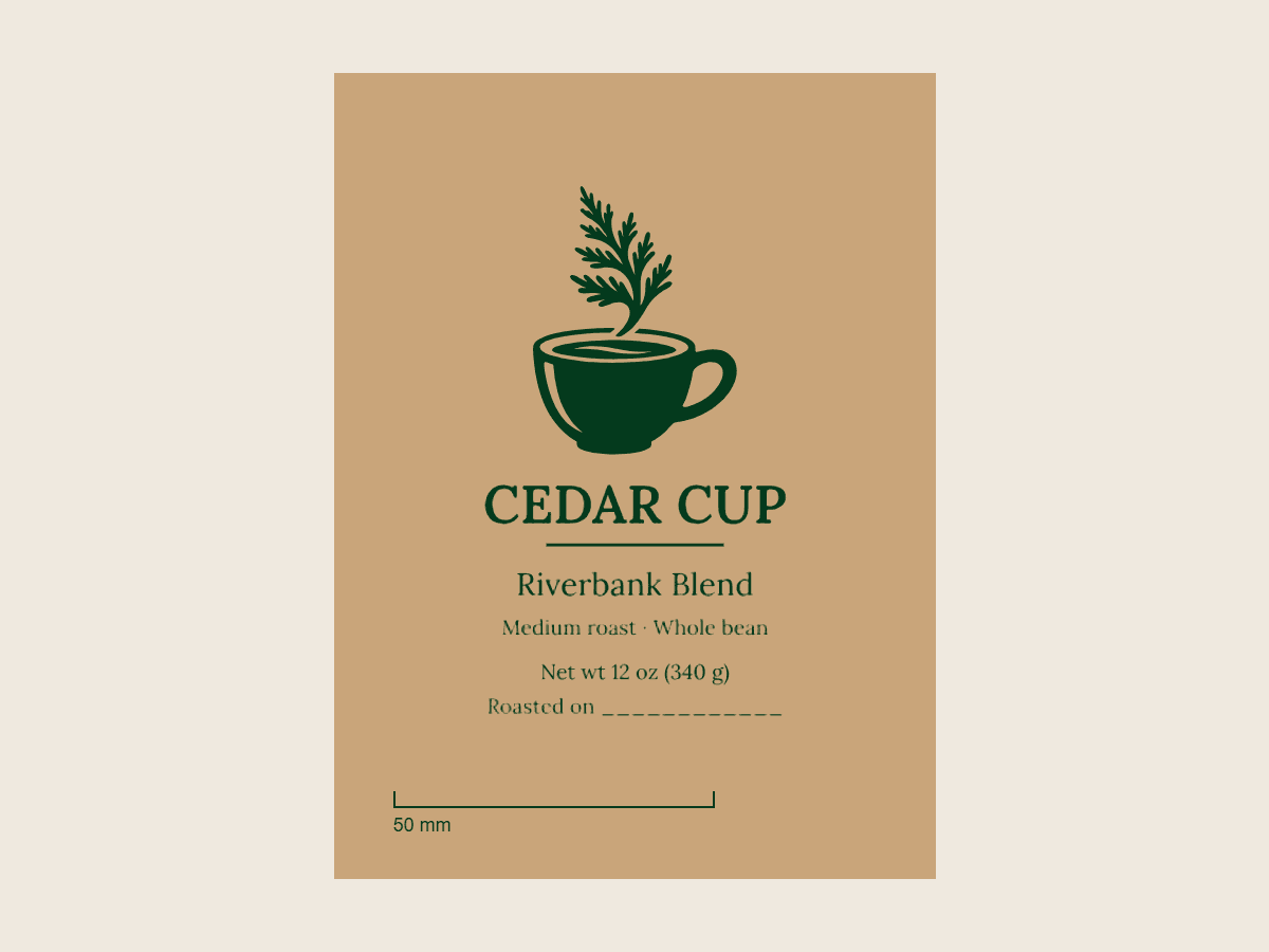 The Cedar Cup label in one dark green on a kraft-colored background, with a 50 mm scale bar.