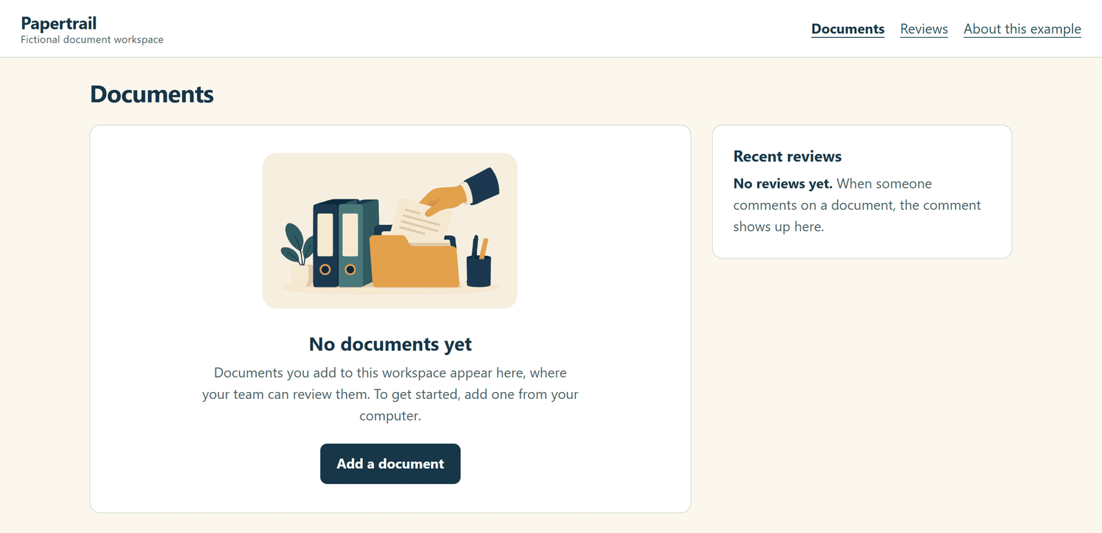 The Papertrail Documents page in a new workspace: an illustration of a hand filing a document, the heading No documents yet, two sentences and an Add a document button. The Recent reviews panel beside it has a text-only empty state.