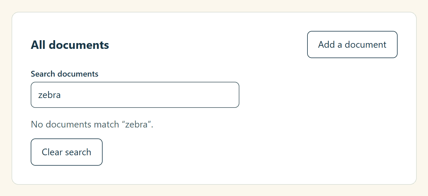 A search for zebra in a workspace with three documents: the list is replaced by the text No documents match zebra and a Clear search button.