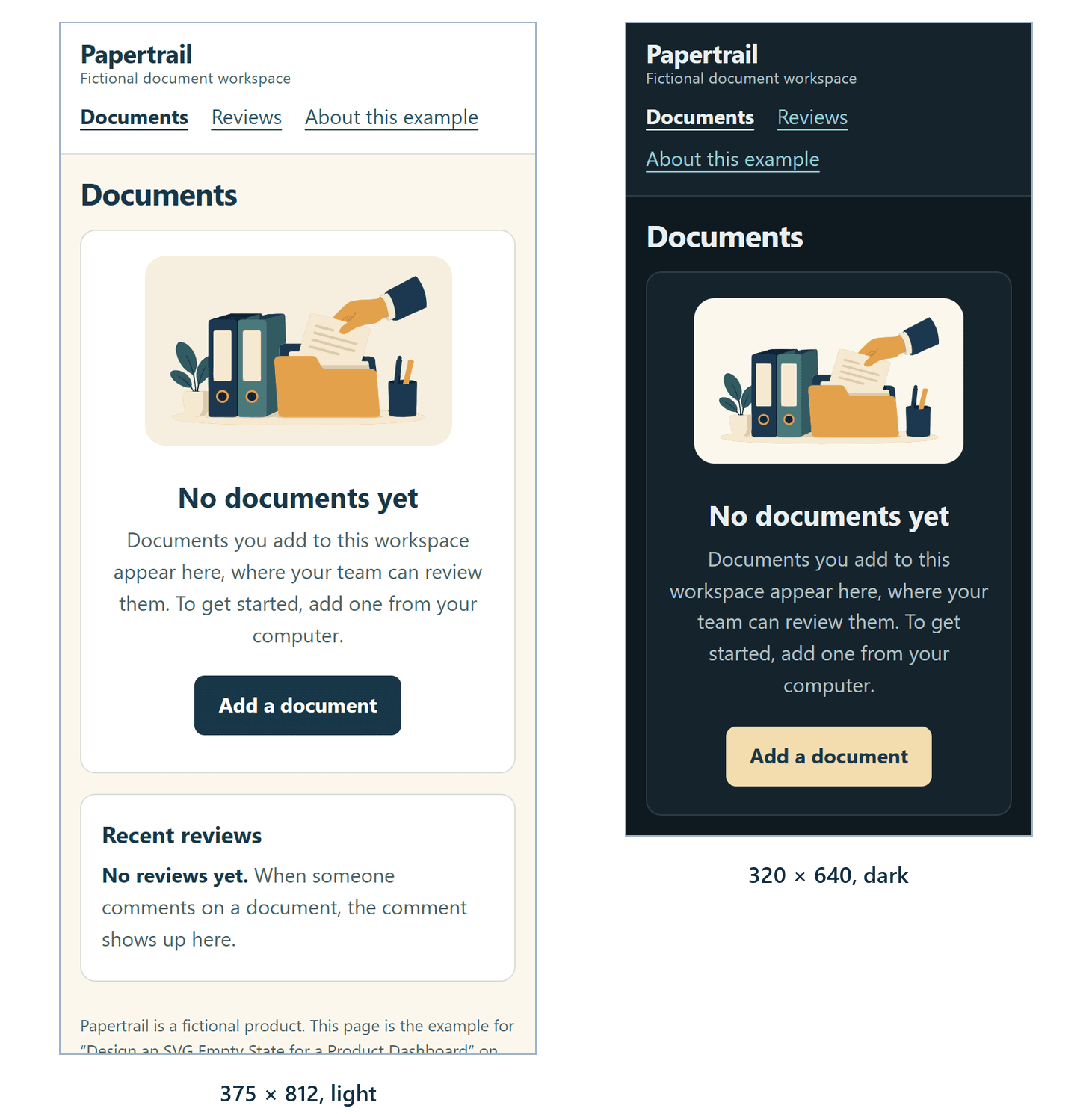 The Papertrail page on two phone screens: 375 by 812 pixels in light mode and 320 by 640 pixels in dark mode. On both, the heading and the Add a document button are visible without scrolling.