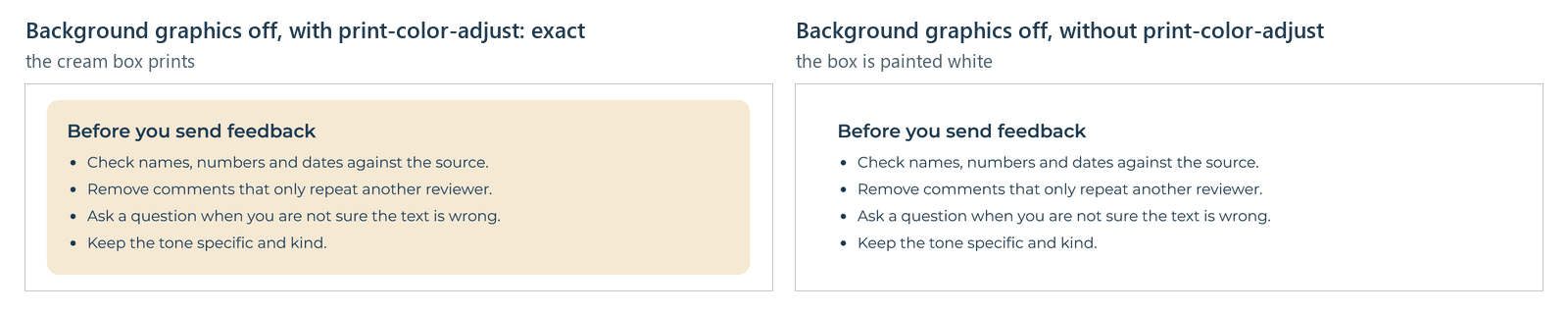 The cream box printed with background graphics off: on the left, with print-color-adjust: exact, the box keeps its cream fill; on the right, without it, the box is painted white and only its text remains.