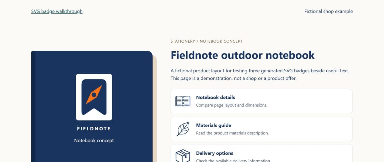 The fictional Fieldnote product layout with its generated badge artwork