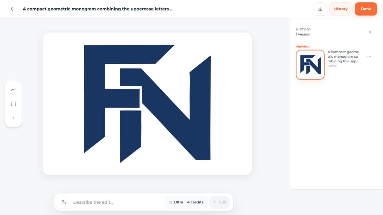 The actual generated F/N monogram in the SVG AI editor