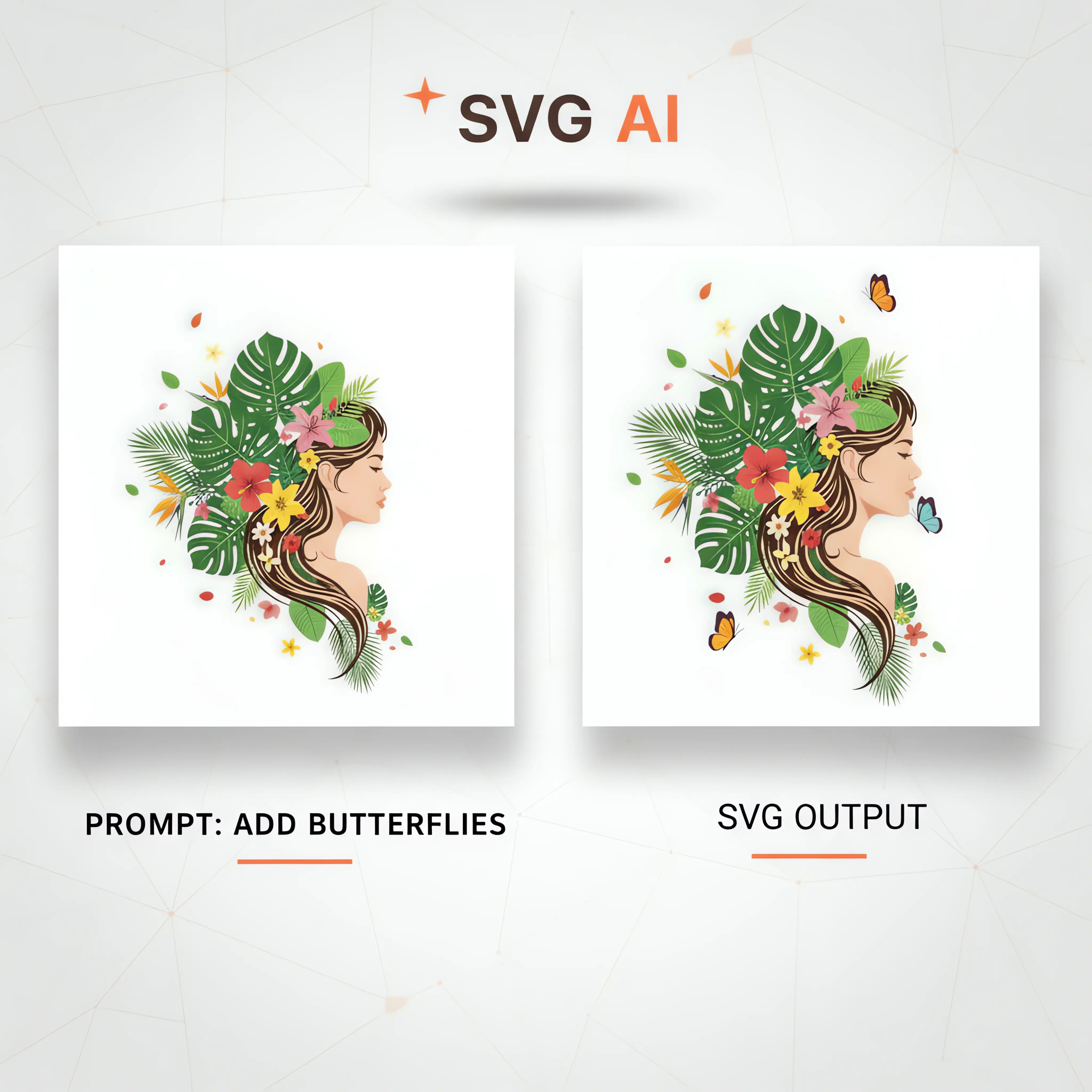 Instant AI SVG Editor with Text Prompts AI SVG editor adding butterflies to tropical floral portrait illustration