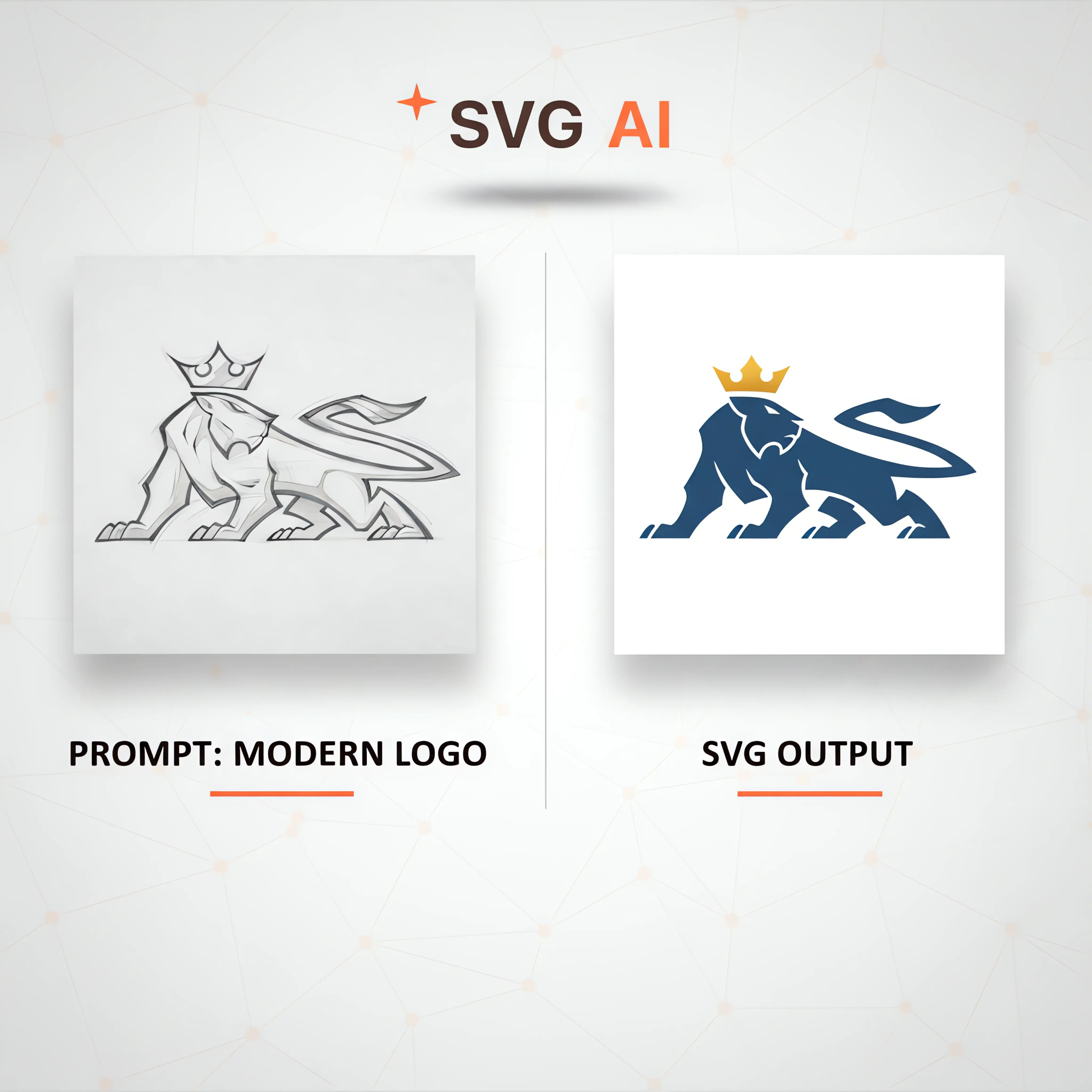 Image Upload + Text Prompt to AI SVG AI creating modern crowned lion logo from sketch using text prompt