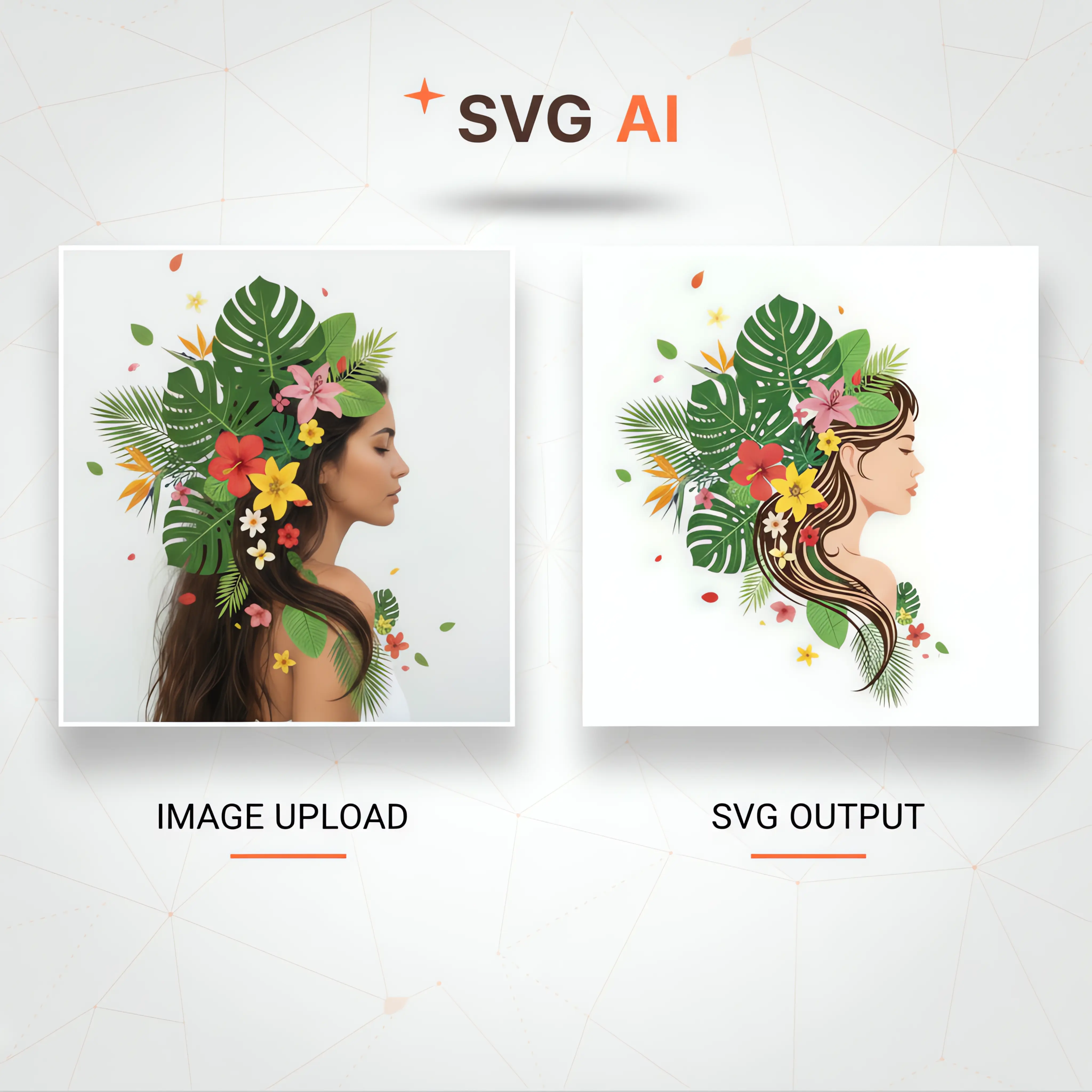 Image Upload to AI-Optimized SVG AI converting portrait photo with tropical flowers into vector SVG illustration