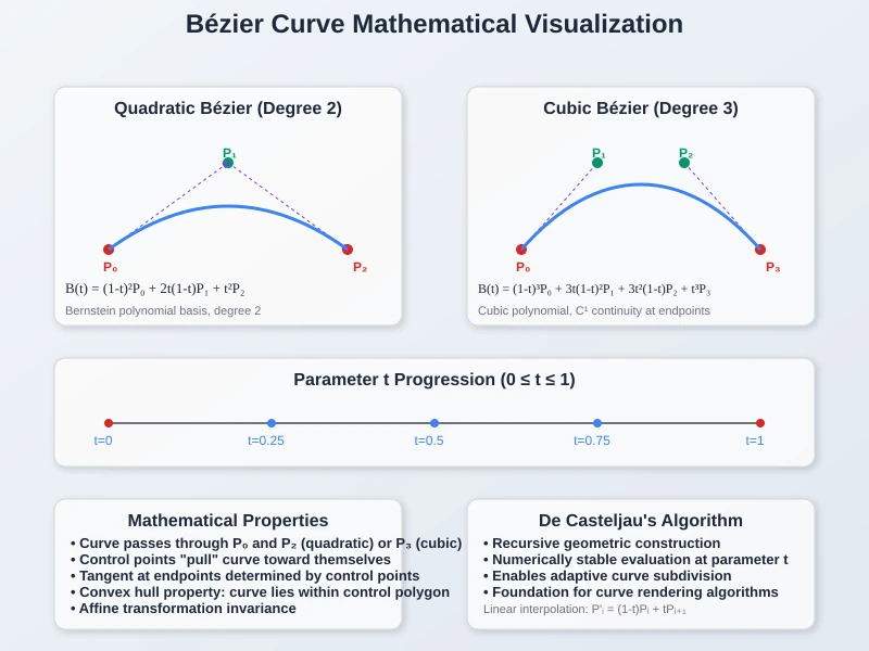 Mathematical visualization of cubic Bézier curve with control points and parametric equation
