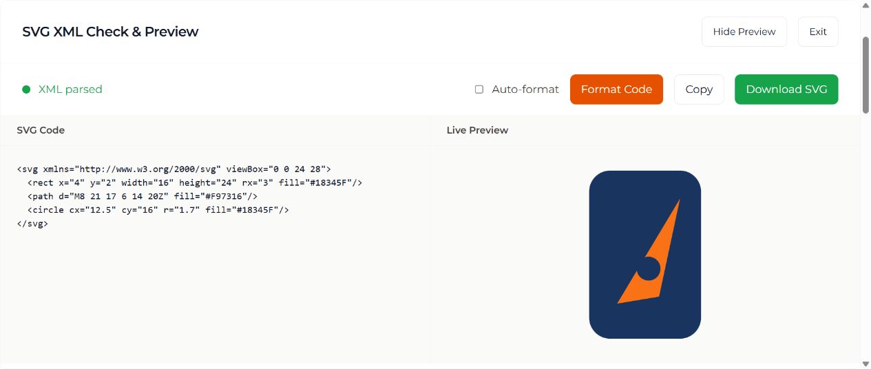The three-shape SVG badge rendered beside its code in the SVG preview tool