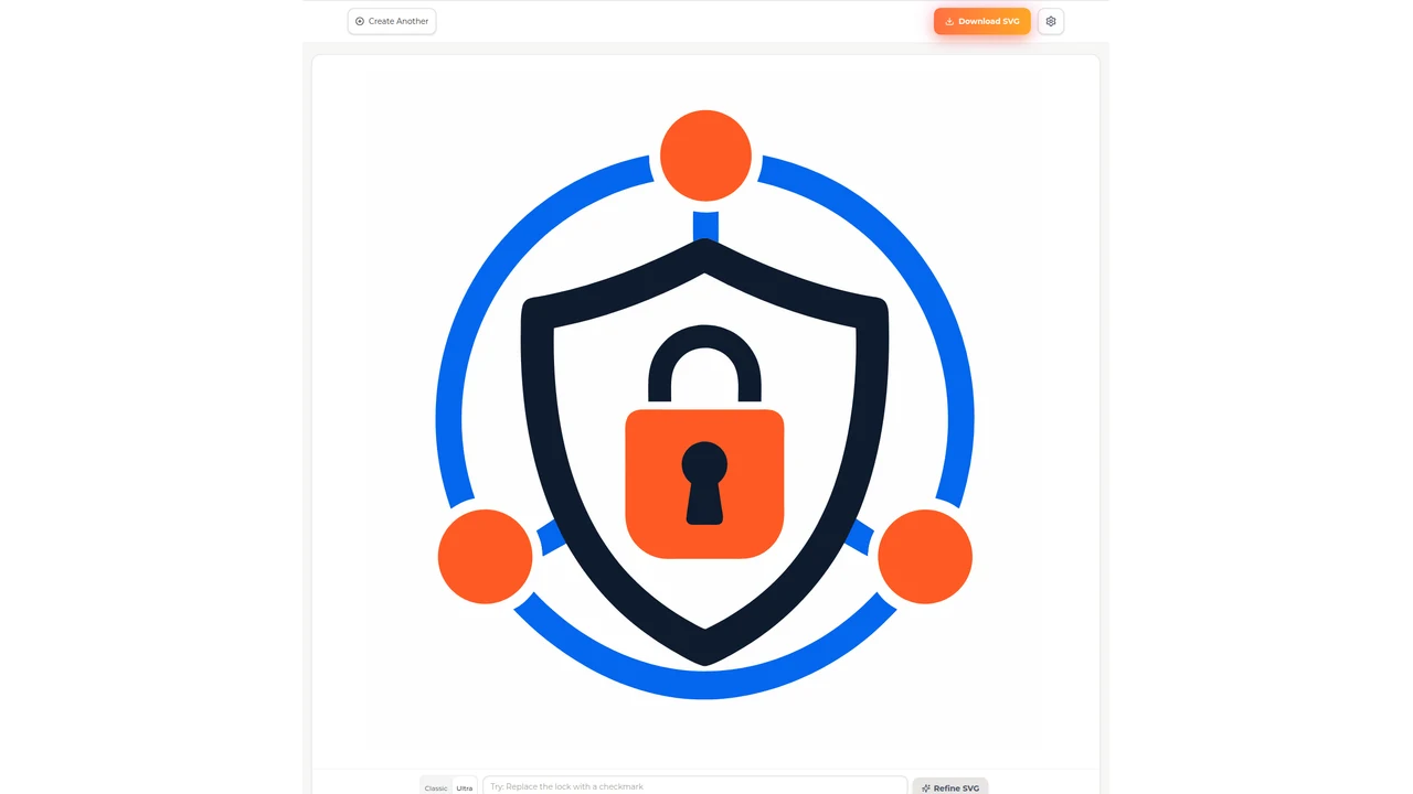 SVG AI result page showing the initial generated cloud shield logo on the design canvas