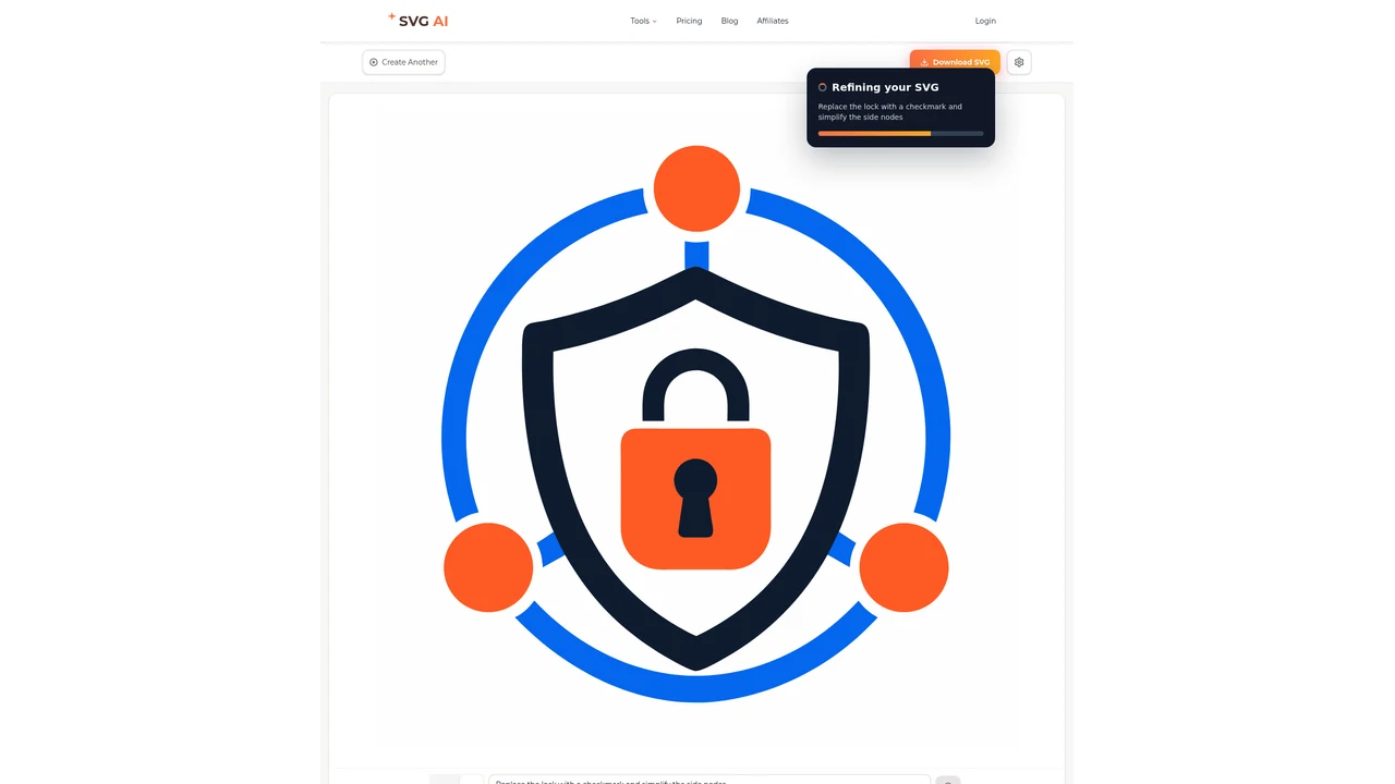 SVG AI edit bar refining the cloud shield logo with a short plain-English edit prompt