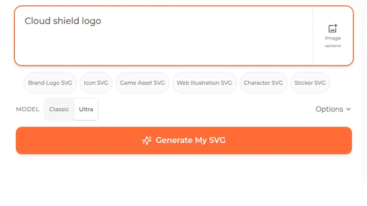 SVG AI prompt input with the short prompt Cloud shield logo and the Generate My SVG button ready