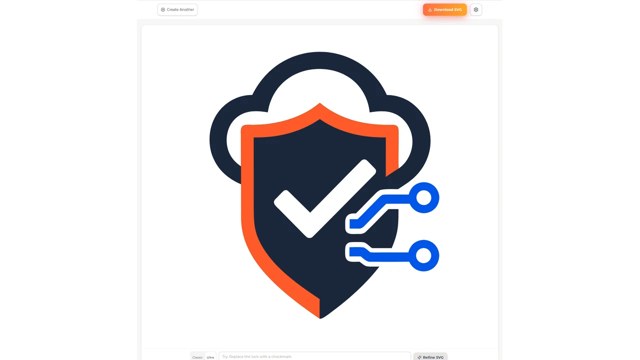SVG AI result page with the edited cloud shield logo and the Download SVG button visible